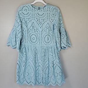 Regenbogen Light Blue Eyelet Mini Dress. 3/4 Bell Sleeves. Size Medium